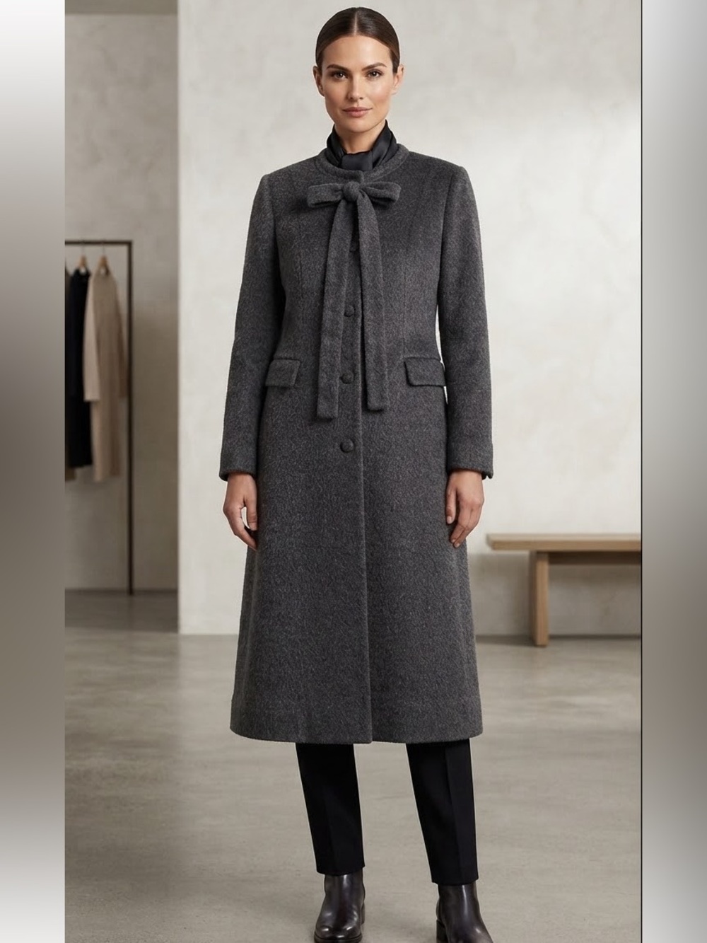 100% Wool Gray Coat with Removable Fox Fur Collar